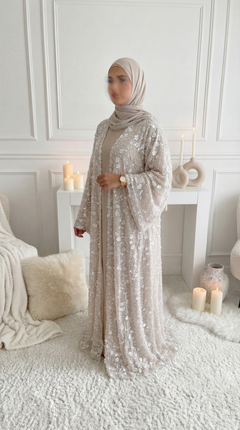 Cream Rose "Yasemin" Abaya Set: Kimono + Under Dress + Matching Hijab