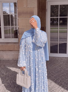 Blue "Yasemin" Abaya Set: Kimono + Under Dress + Matching Hijab