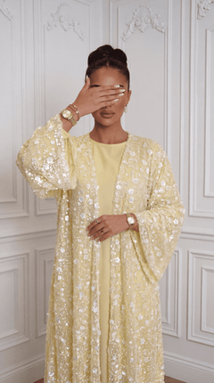 Yellow "Yasemin" Abaya Set: Kimono + Under Dress + Matching Hijab