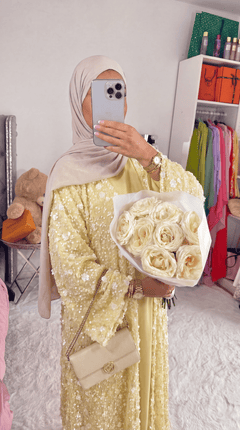 Yellow "Yasemin" Abaya Set: Kimono + Under Dress + Matching Hijab