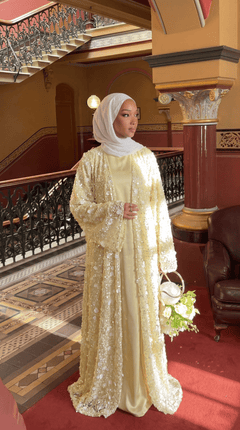 Yellow "Yasemin" Abaya Set: Kimono + Under Dress + Matching Hijab