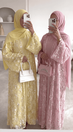 Pink "Yasemin" Abaya Set: Kimono + Under Dress + Matching Hijab