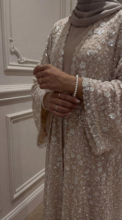 Cream Rose "Yasemin" Abaya Set: Kimono + Under Dress + Matching Hijab