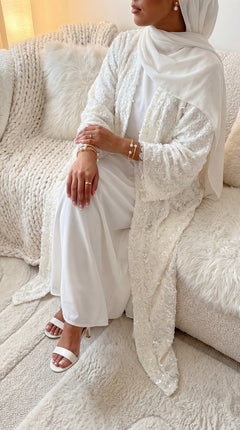 White "Yasemin" Abaya Set: Kimono + Under Dress + Matching Hijab