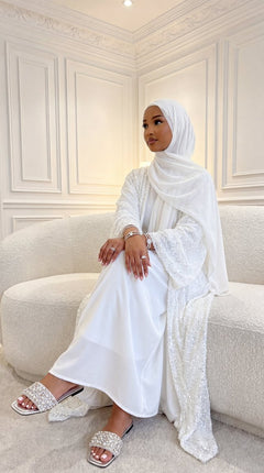 White "Yasemin" Abaya Set: Kimono + Under Dress + Matching Hijab