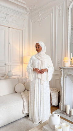 White "Yasemin" Abaya Set: Kimono + Under Dress + Matching Hijab