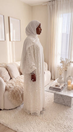 White "Yasemin" Abaya Set: Kimono + Under Dress + Matching Hijab