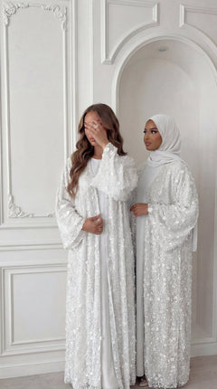 White "Yasemin" Abaya Set: Kimono + Under Dress + Matching Hijab